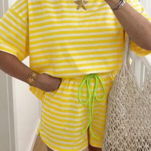 Yellow Stripe Contrast Neck Loose Tee and Drawstring Shorts Set