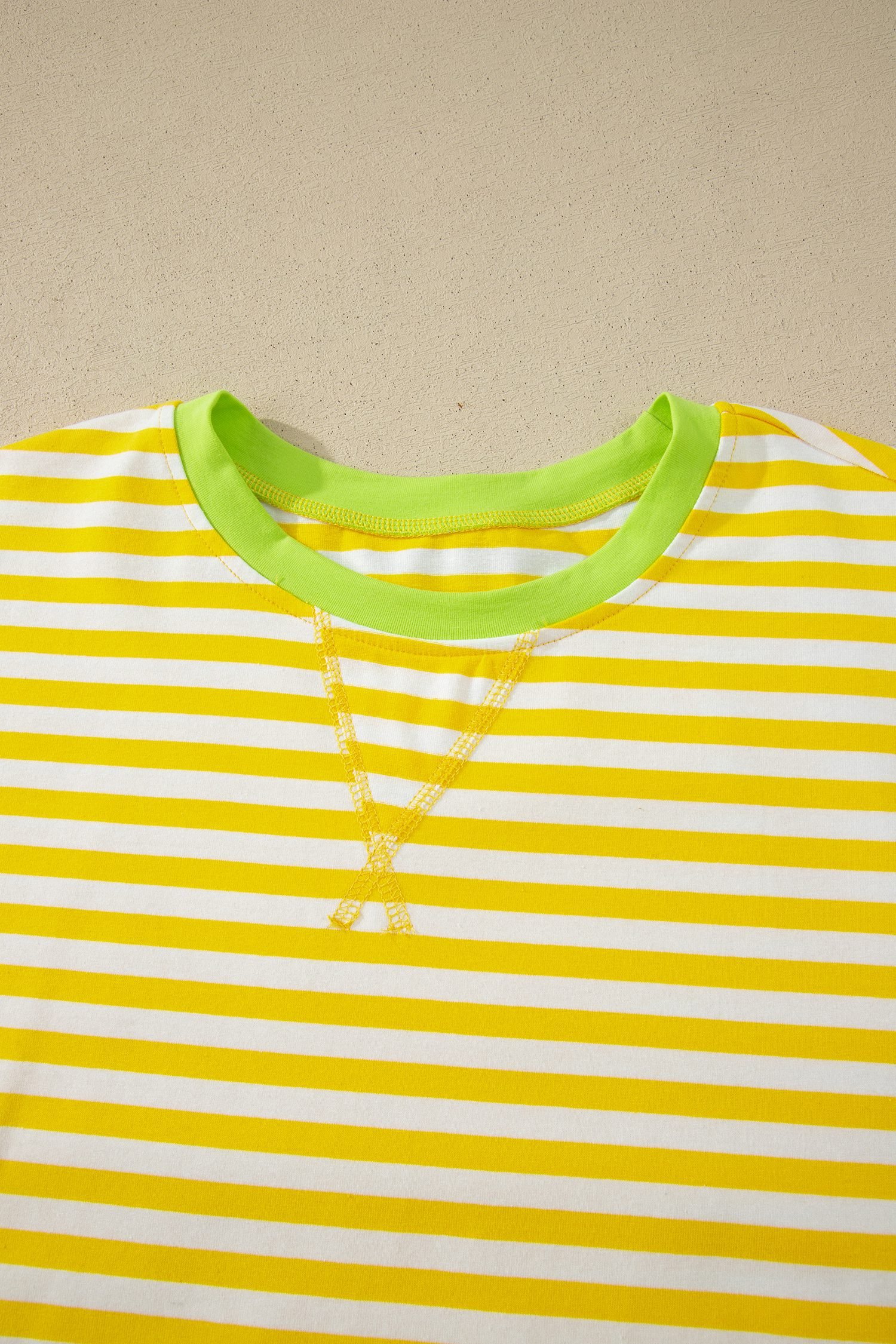 Yellow Stripe Contrast Neck Loose Tee and Drawstring Shorts Set