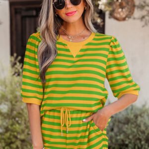 Yellow Stripe Puff Short Sleeve T Shirt Matching Shorts Set