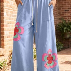 Sky Blue Color Block Flower Patchwork Drawstring Contrasted Elastic Waist Wide Leg Pants