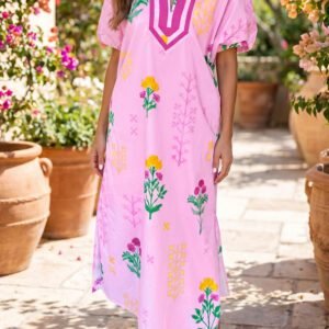 Pink Floral Print Short Sleeve Colorblcok Trim V Neck Midi Dress