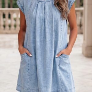 Beau Blue Cap Sleeve Pleated Round Neck Denim Shift Dress