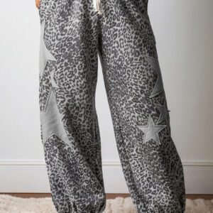 Gray Leopard Print Star Patched Drawstring Elastic Waist Jogger Pants