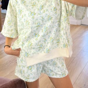 Sky Blue Floral Print Short Sleeve Elastic Waist Pocket Casual Two Piece Short Sets