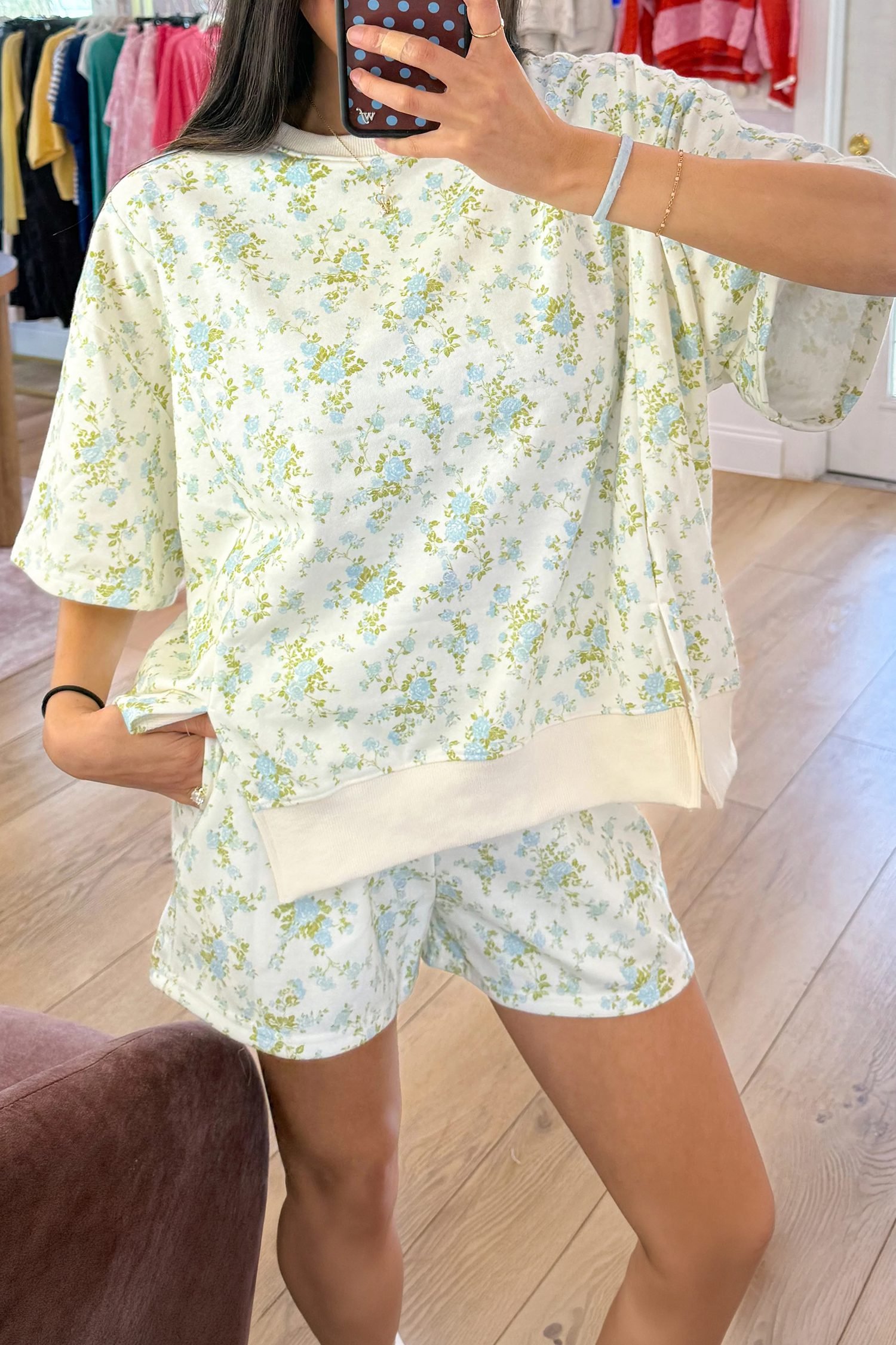 Sky Blue Floral Print Short Sleeve Elastic Waist Pocket Casual Two Piece Short Sets