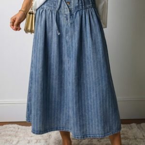 Sky Blue Stripe Button Pintuck High Waist Drawstring Denim Midi Skirt