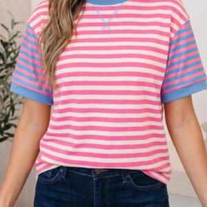 Pink Stripe Contrast Patchwork Short Sleeve Loose Tee