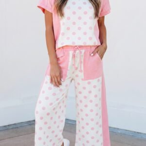 Pink Color Block Patchwork Polka Dot Wide Leg Pant Set
