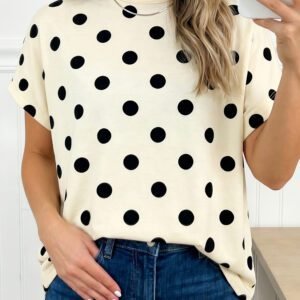 Beige Polka Dot Print High Neck Dolman Top