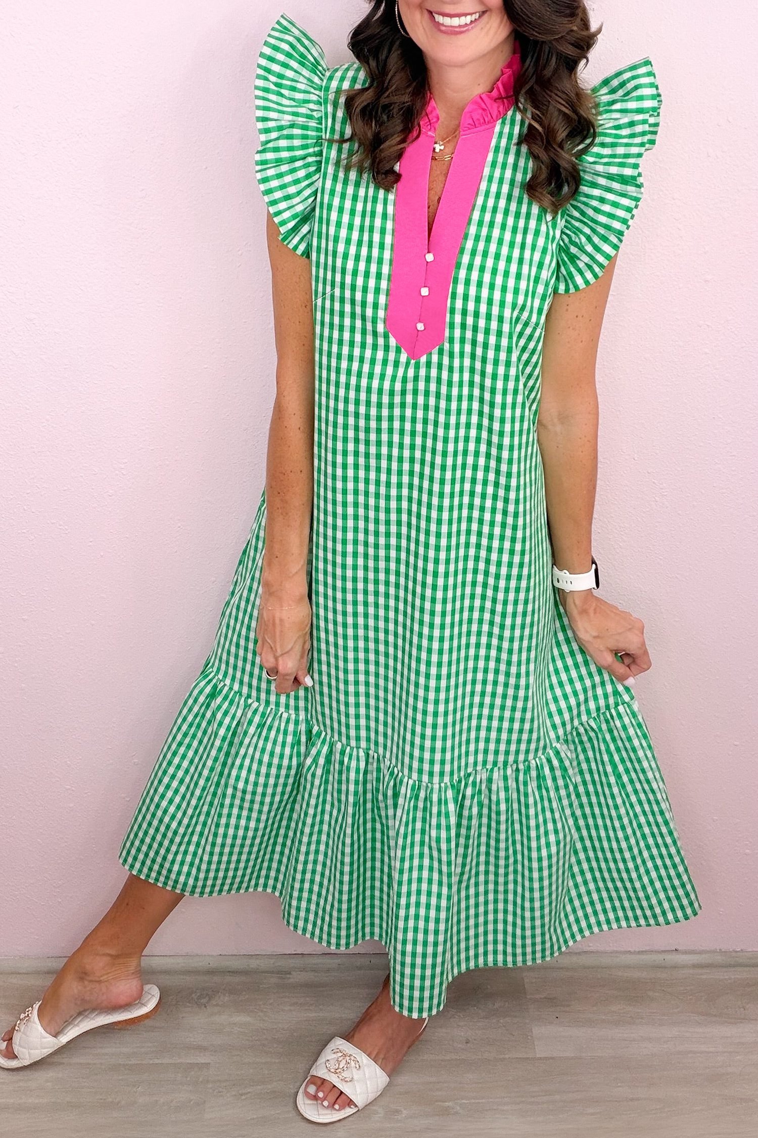 Bright Green Summer Color-Blocked Plaid Pattern Midi Dress - Image 2