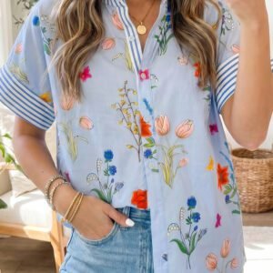 Sky Blue Floral Striped Patchwork Ruffled Collar Short Sleeve Shirt