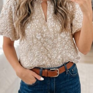 Beige Floral Textured Jacquard Puff Sleeve Blouse