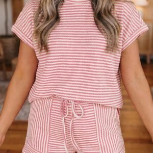 Pink Stripe Breathable Textured Knit Short 2pcs Set