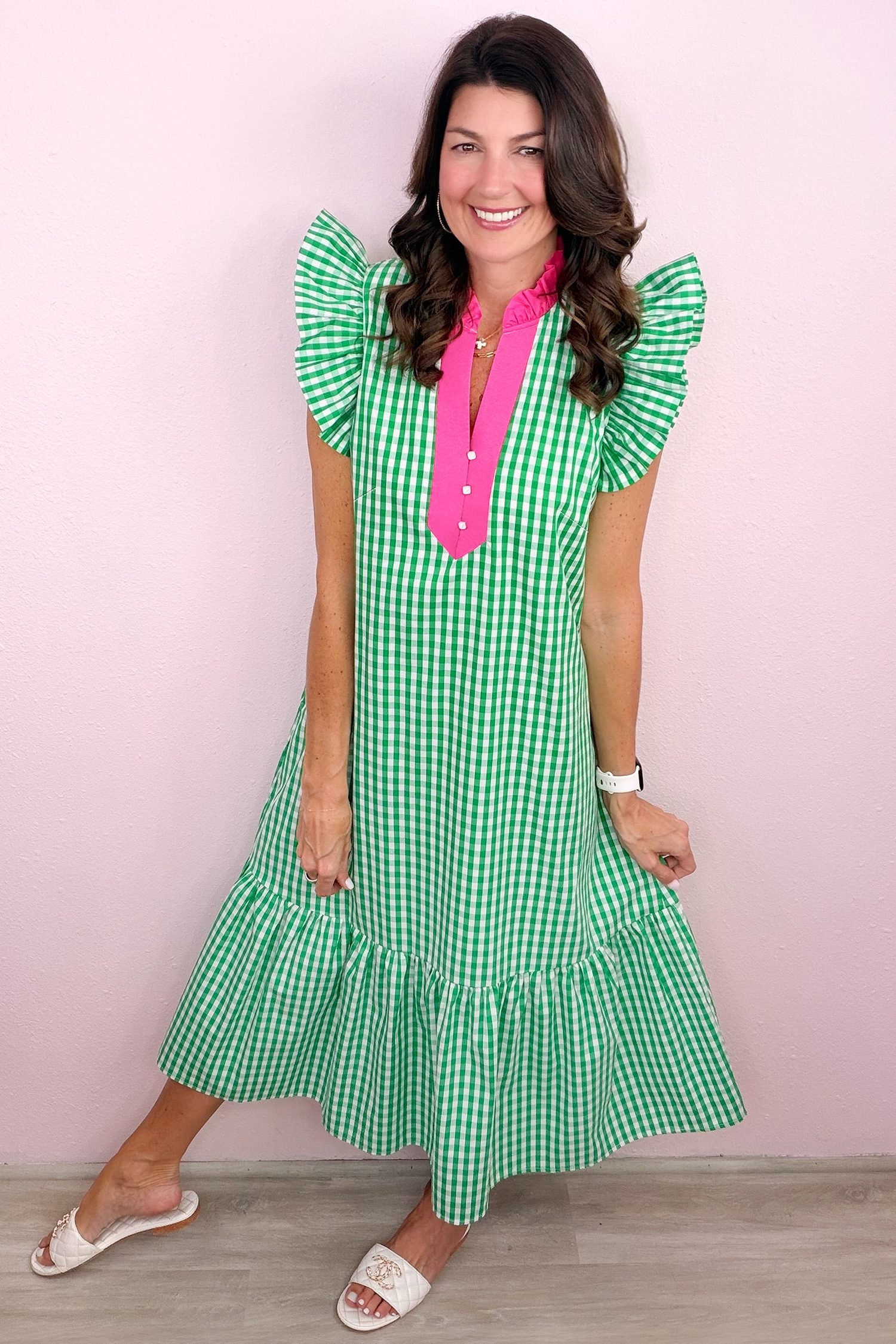 Bright Green Summer Color-Blocked Plaid Pattern Midi Dress - Image 4