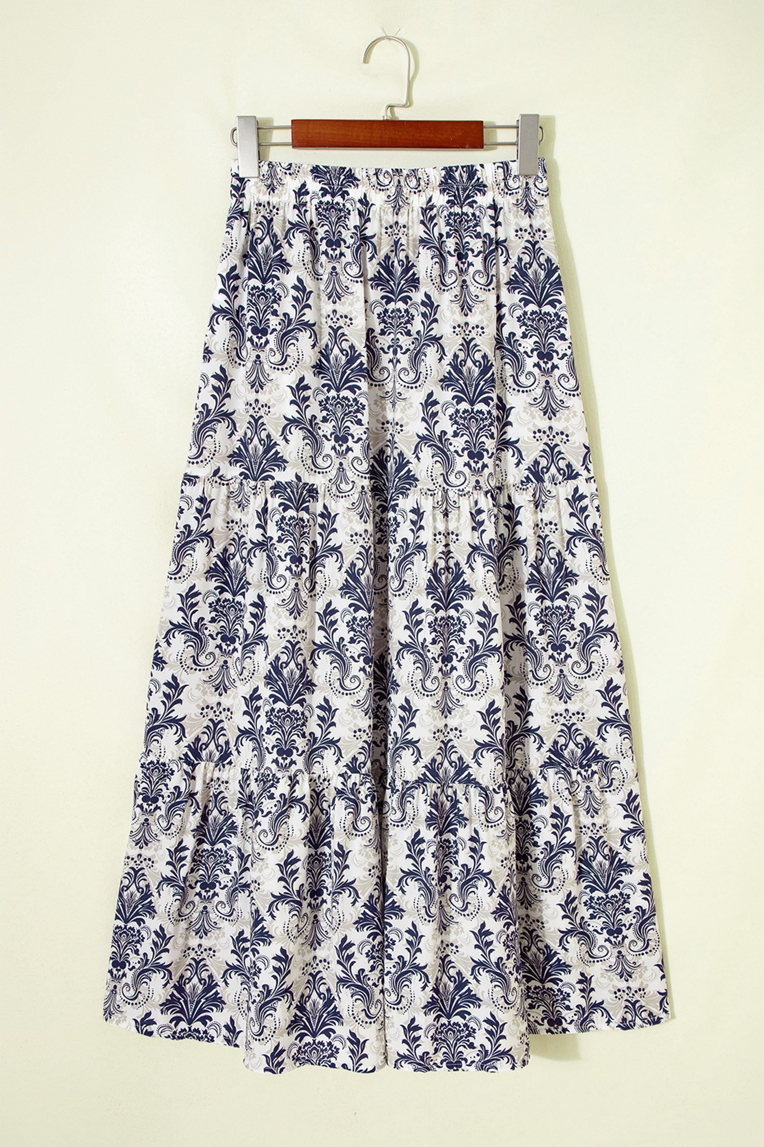 Blue Bohemian Floral Print Tiered Maxi Skirt with Split - Image 4