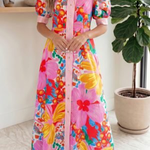 Pink Floral Print Striped Trim Button Down Short Sleeve Vacation Dress