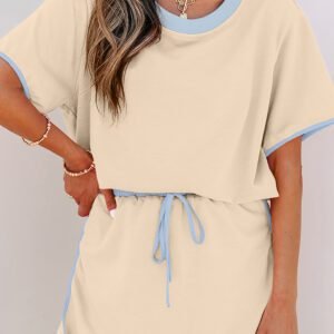 Apricot Colorblock Edge Drop Shoulder T Shirt and Skort 2Pcs Set