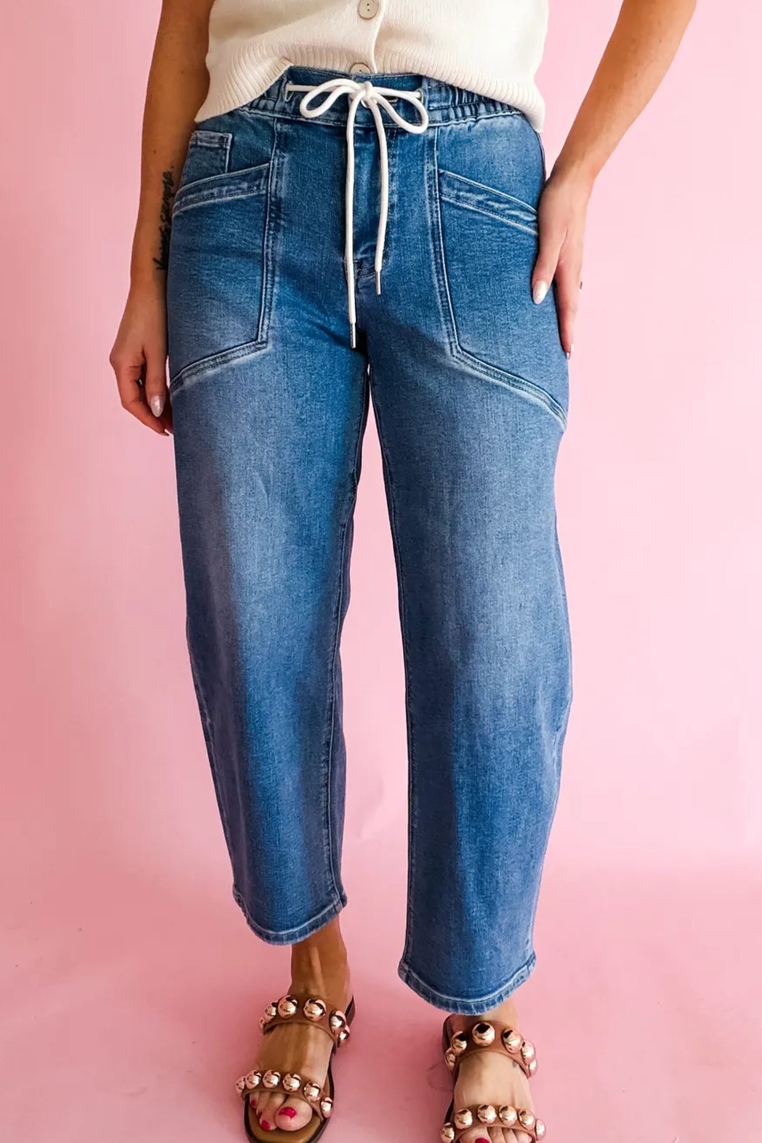 Ashleigh Blue Drawstring Waist Ankle Length Casual Jeans Regular Fit Pocket Detail Denim Pants