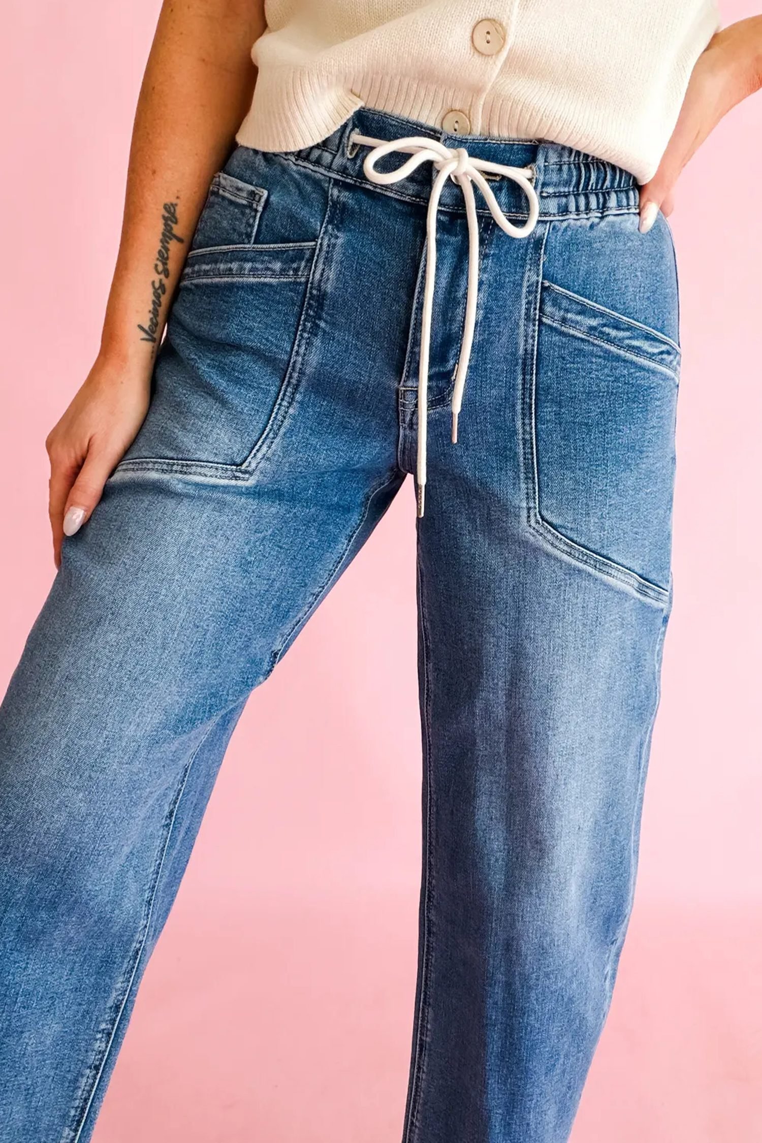 Ashleigh Blue Drawstring Waist Ankle Length Casual Jeans Regular Fit Pocket Detail Denim Pants