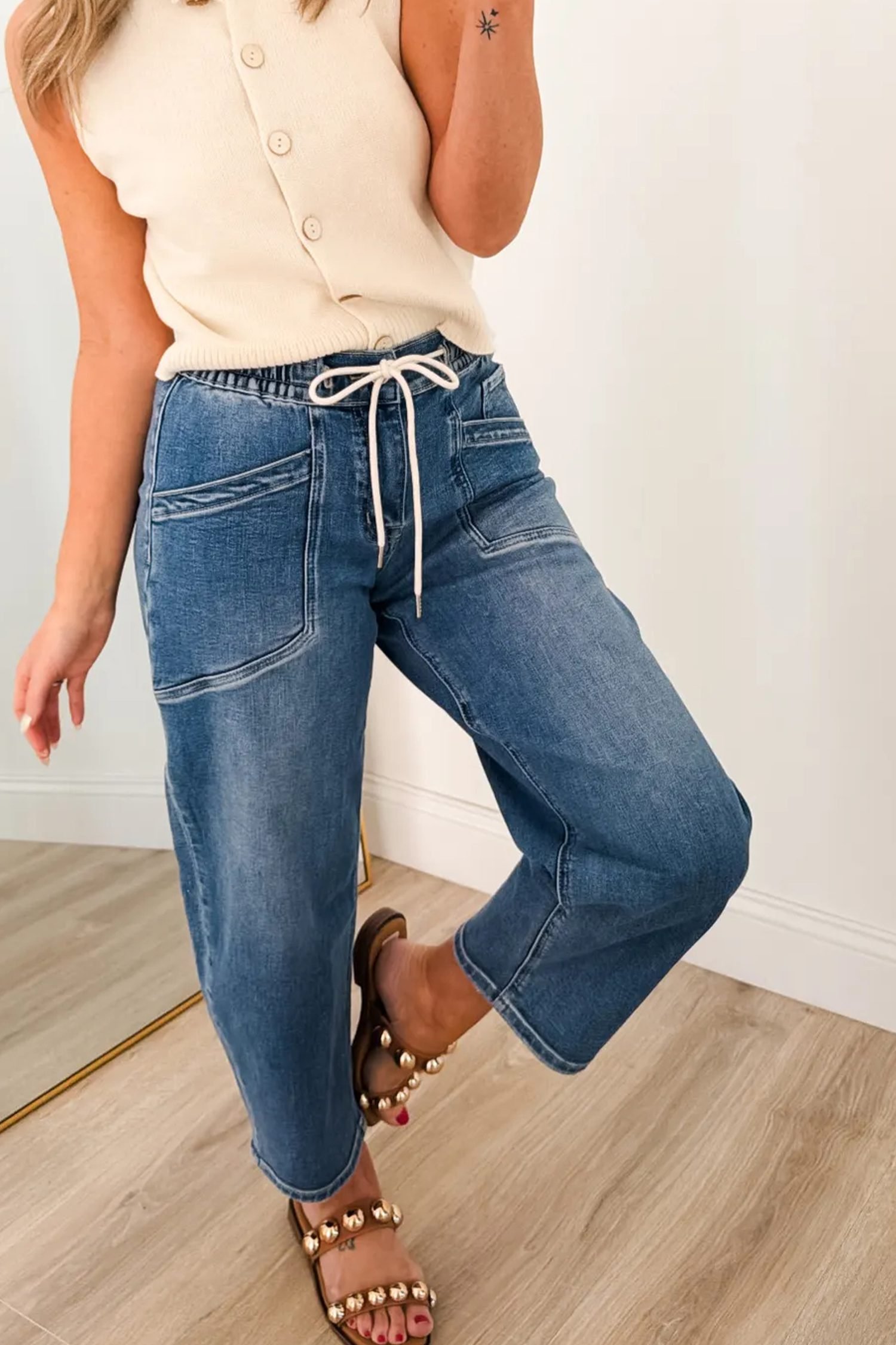Ashleigh Blue Drawstring Waist Ankle Length Casual Jeans Regular Fit Pocket Detail Denim Pants