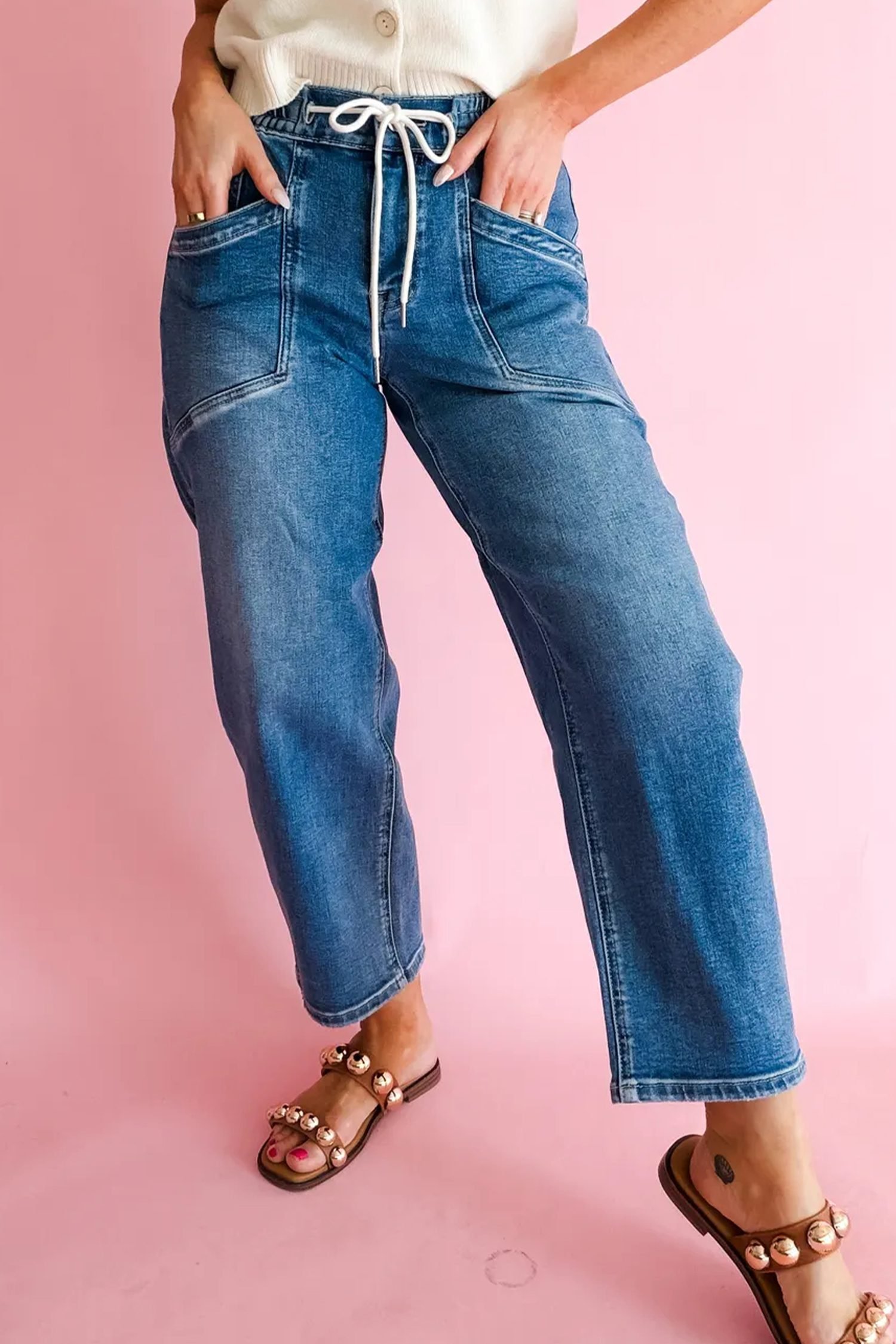 Ashleigh Blue Drawstring Waist Ankle Length Casual Jeans Regular Fit Pocket Detail Denim Pants