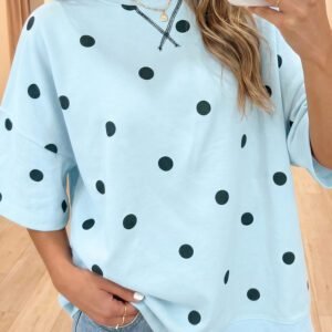Sky Blue Polka Dot Print Crossed Seam Detail Oversize Tee