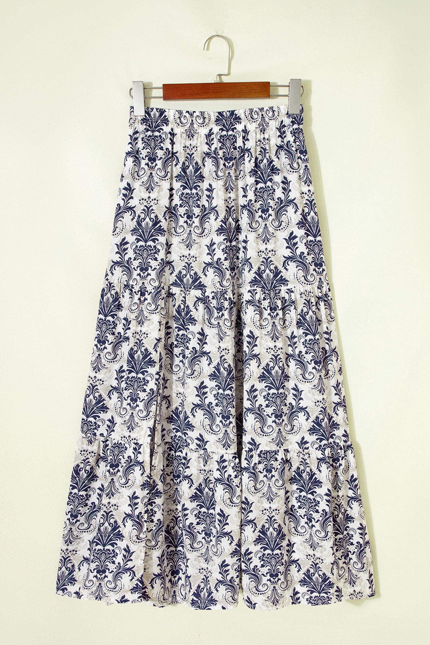 Blue Bohemian Floral Print Tiered Maxi Skirt with Split - Image 3