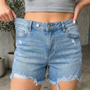 Beau Blue Asymmetric Raw Hem Distressed Whiskery Denim Shorts