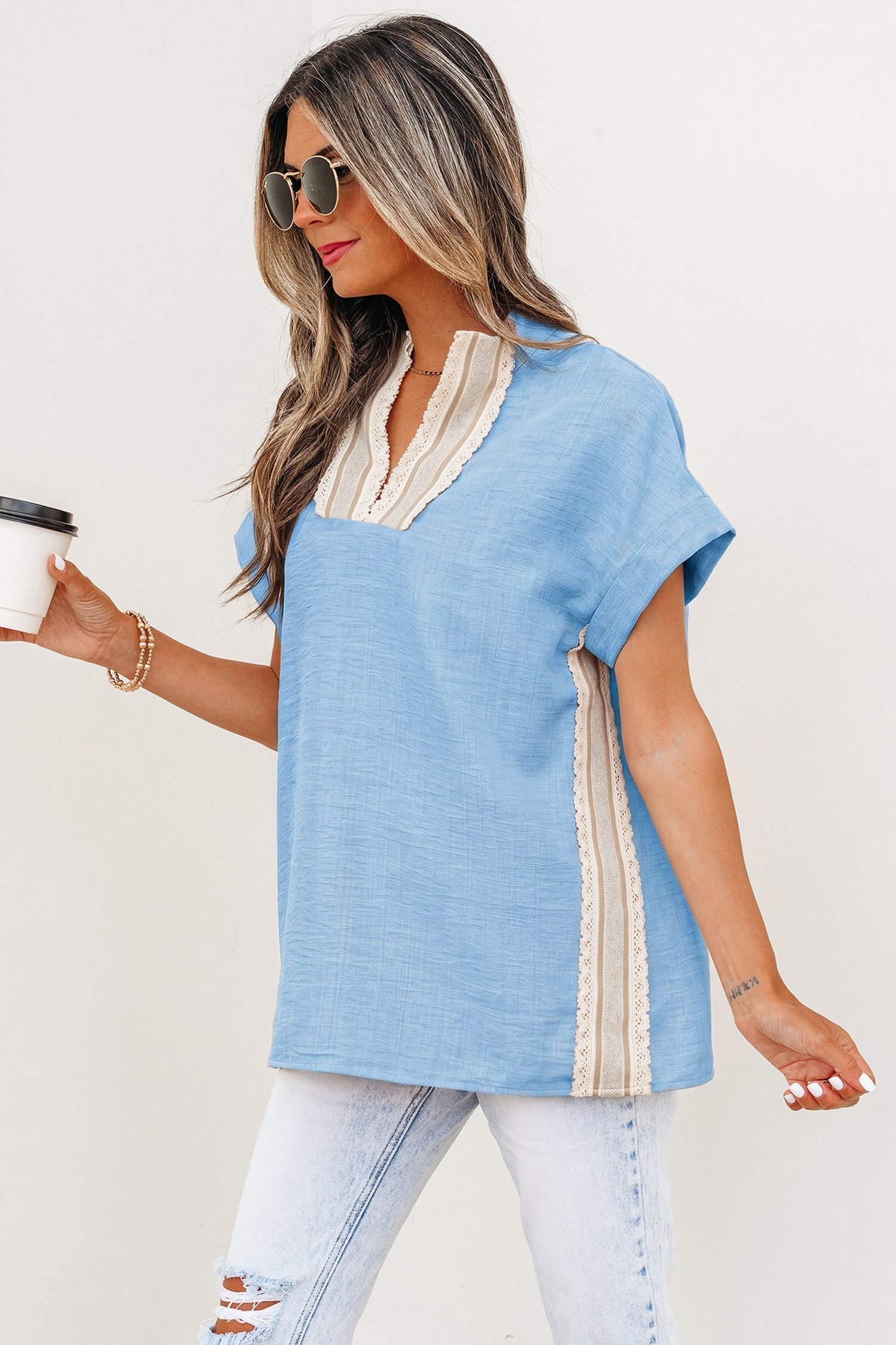Beau Blue Crochet Lace Accent Pullover Rolled Short Sleeve Blouse
