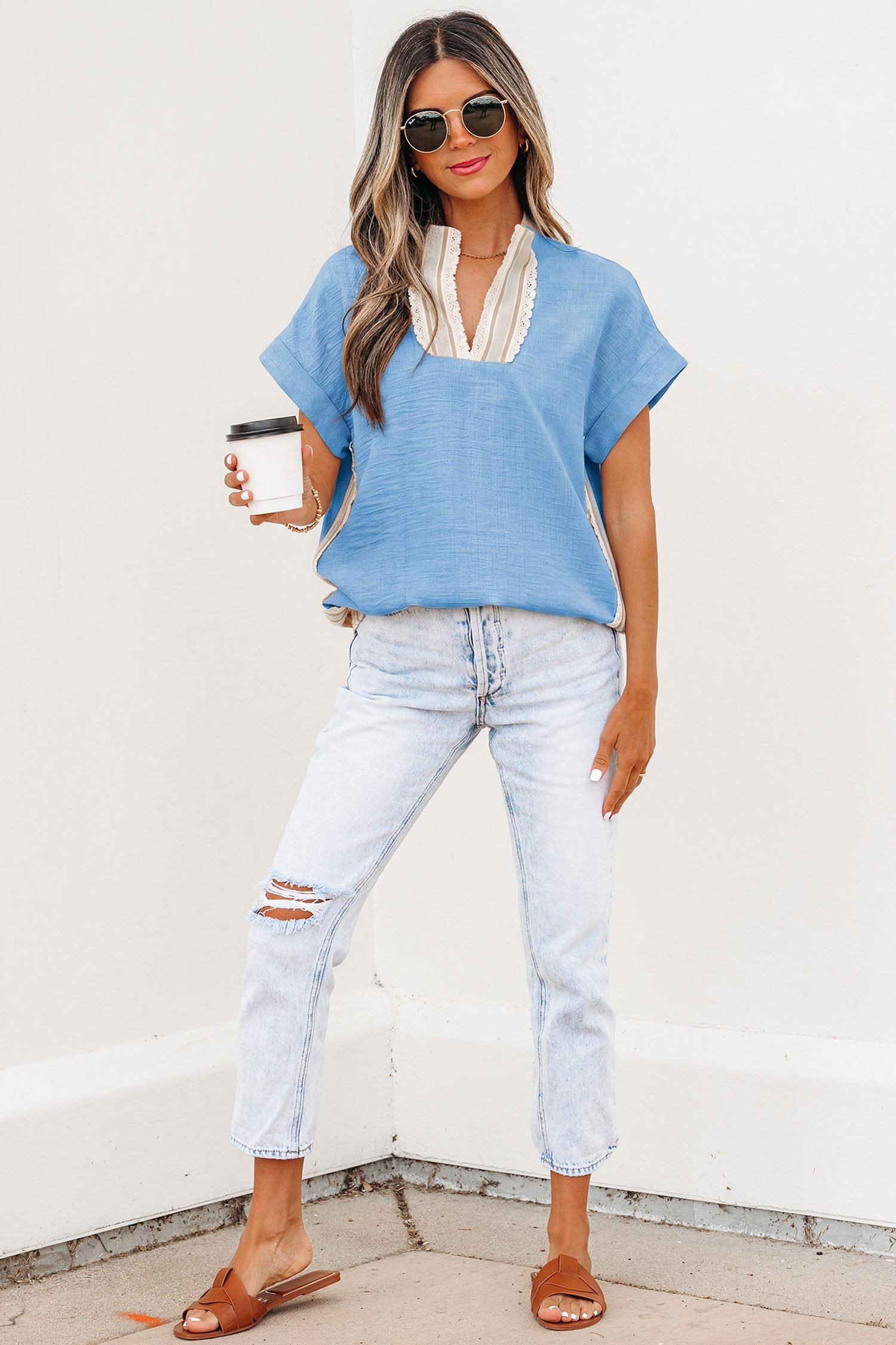 Beau Blue Crochet Lace Accent Pullover Rolled Short Sleeve Blouse