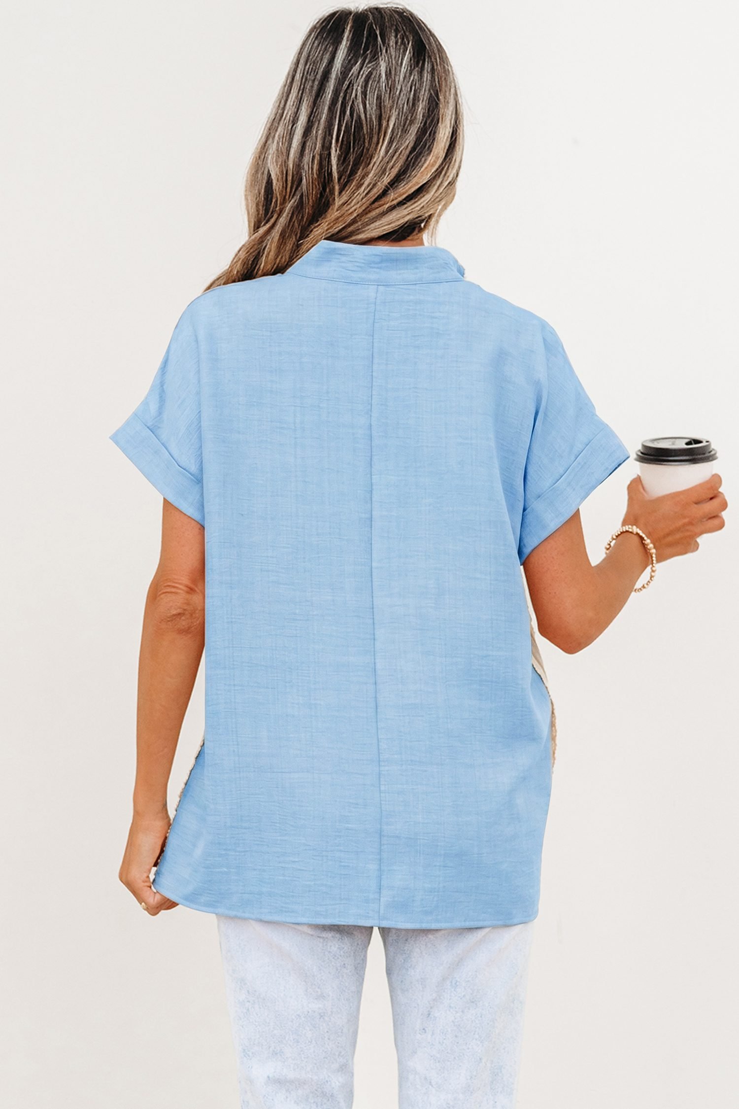 Beau Blue Crochet Lace Accent Pullover Rolled Short Sleeve Blouse