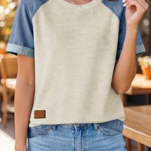 Beige Denim Color Block Patchwork Round Neck Tee