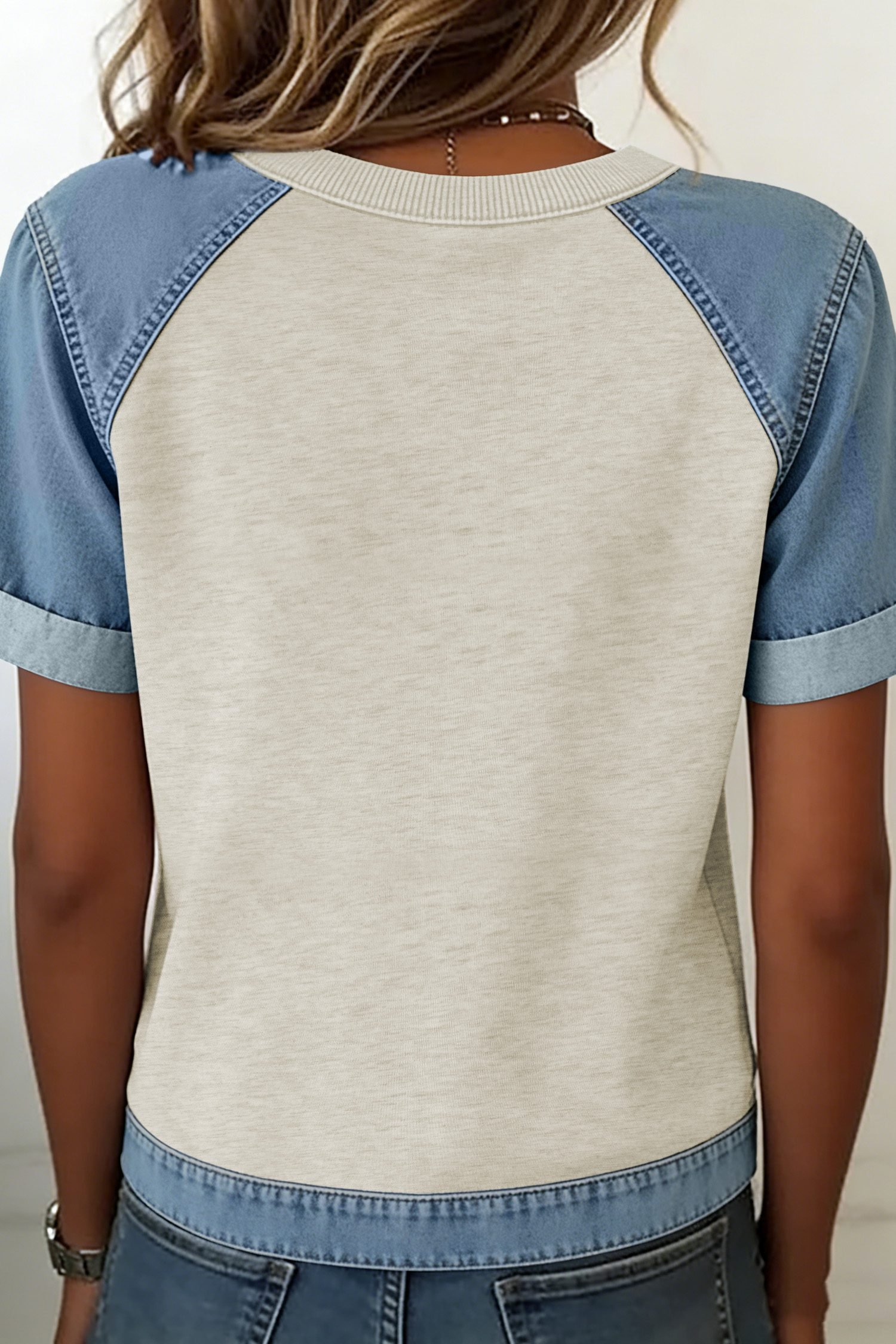 Beige Denim Color Block Patchwork Round Neck Tee