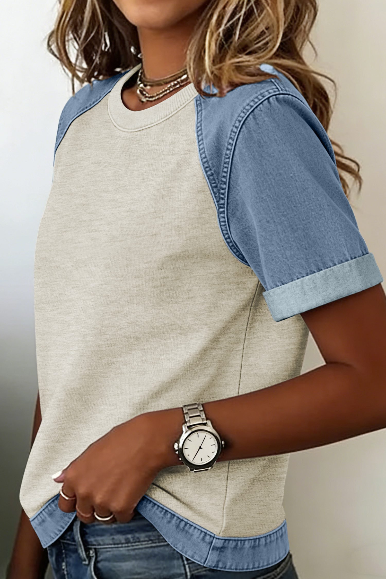 Beige Denim Color Block Patchwork Round Neck Tee