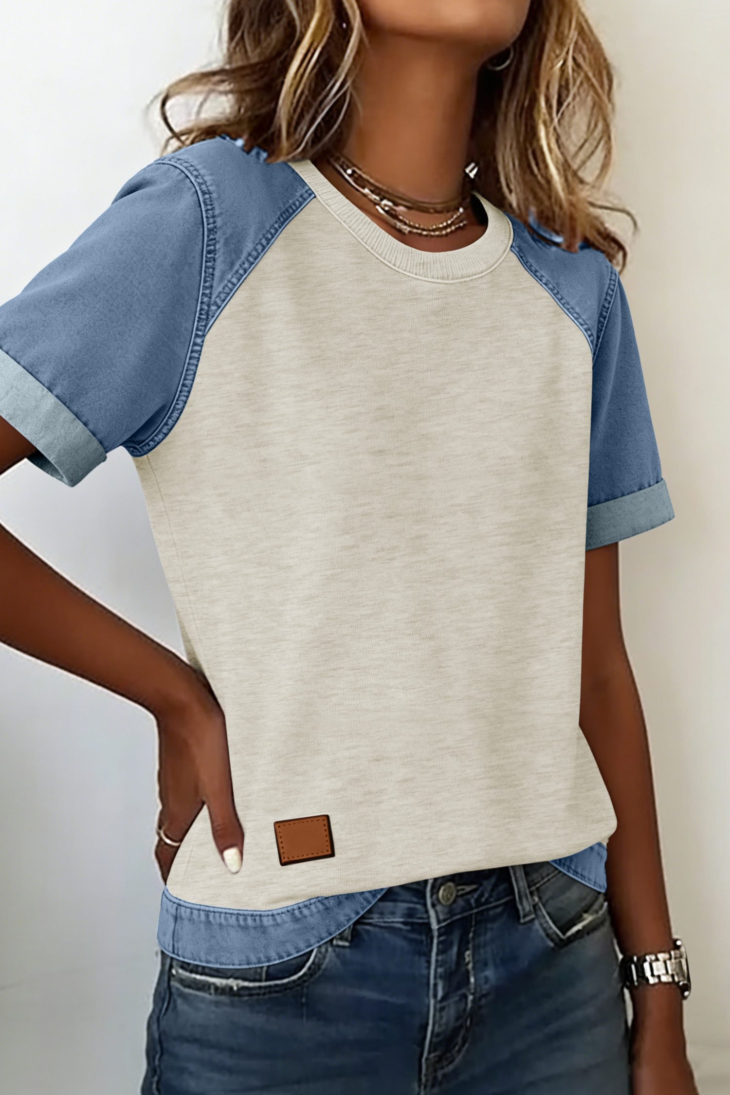 Beige Denim Color Block Patchwork Round Neck Tee