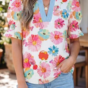 Beige Floral Print Short Puff Sleeve Striped Trim V Neck Blouse