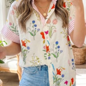 Beige Floral Striped Patchwork Ruffled Collar Short Sleeve Shirt