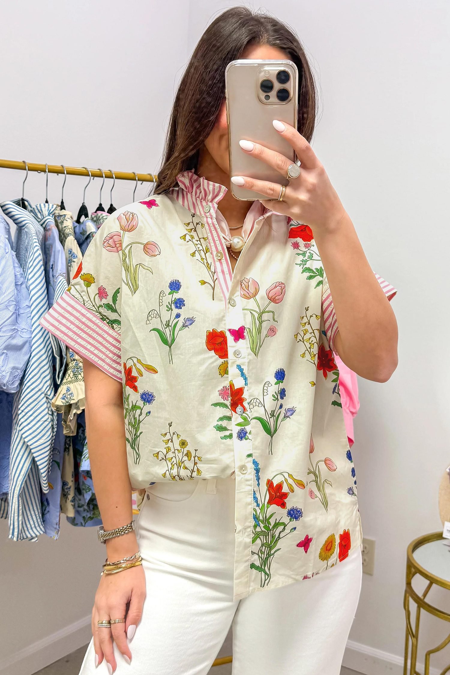 Beige Floral Striped Patchwork Ruffled Collar Short Sleeve Shirt