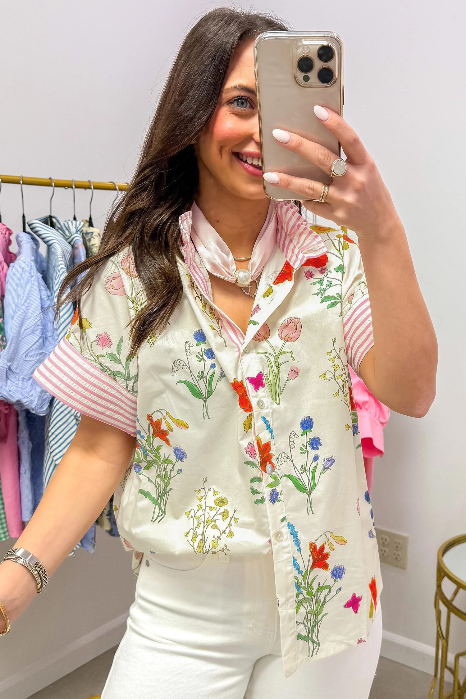 Beige Floral Striped Patchwork Ruffled Collar Short Sleeve Shirt