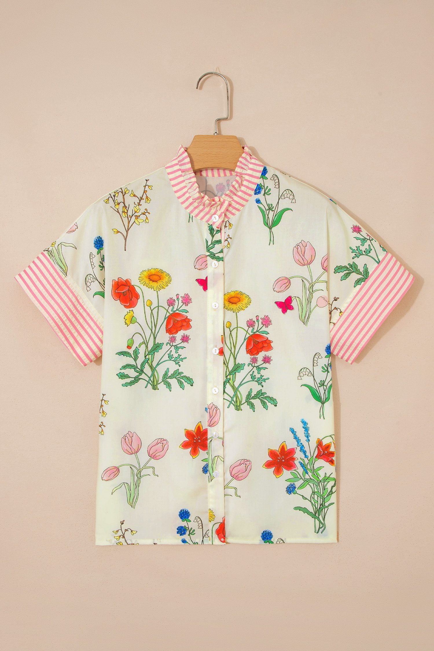 Beige Floral Striped Patchwork Ruffled Collar Short Sleeve Shirt