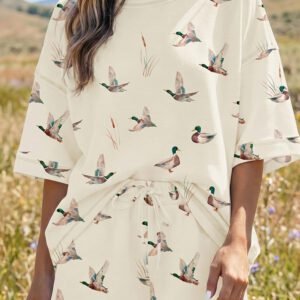 Beige Mallard Duck Print Oversized Tee Drawstring Short Set