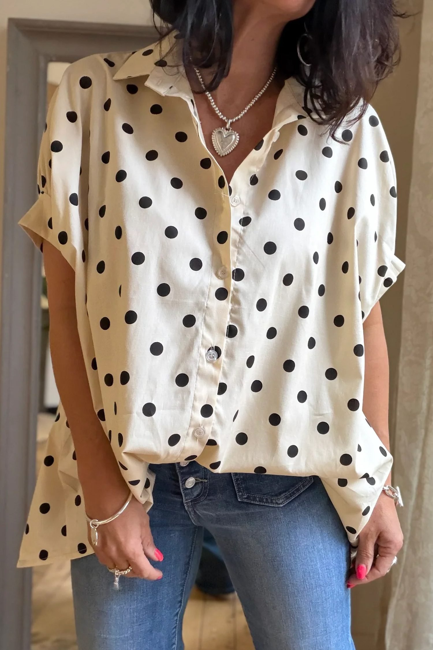 Beige Polka Dot Print Loose Dolman Shirt