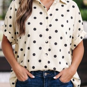Beige Polka Dot Print Loose Dolman Shirt