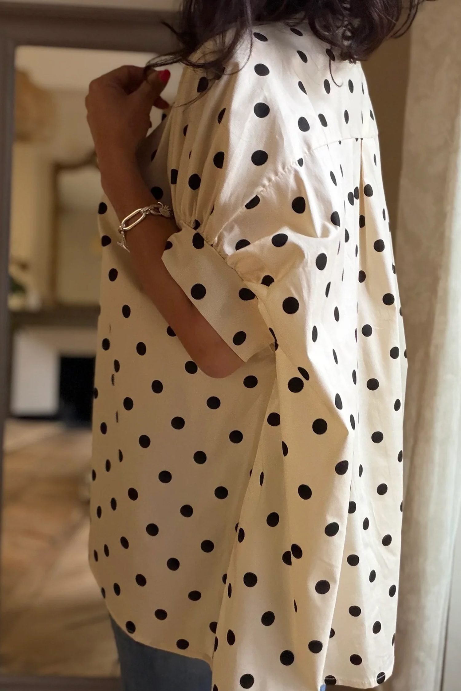 Beige Polka Dot Print Loose Dolman Shirt