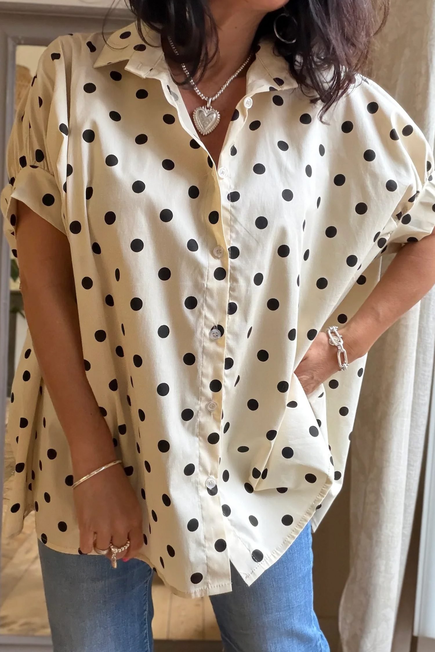 Beige Polka Dot Print Loose Dolman Shirt