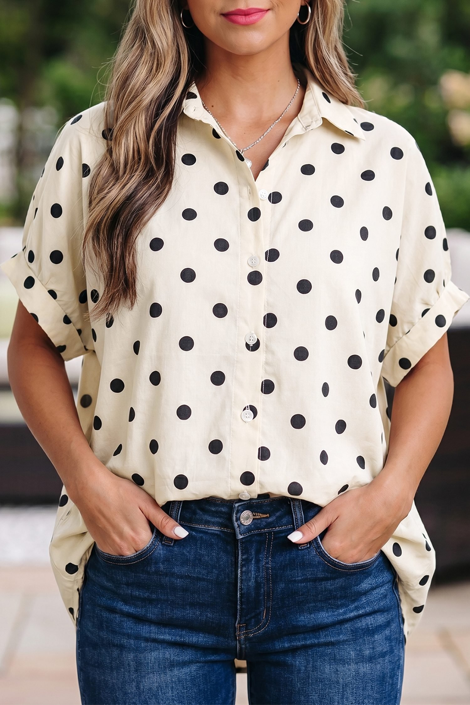 Beige Polka Dot Print Loose Dolman Shirt