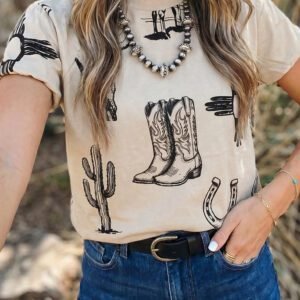 Beige Retro Western Print T Shirt