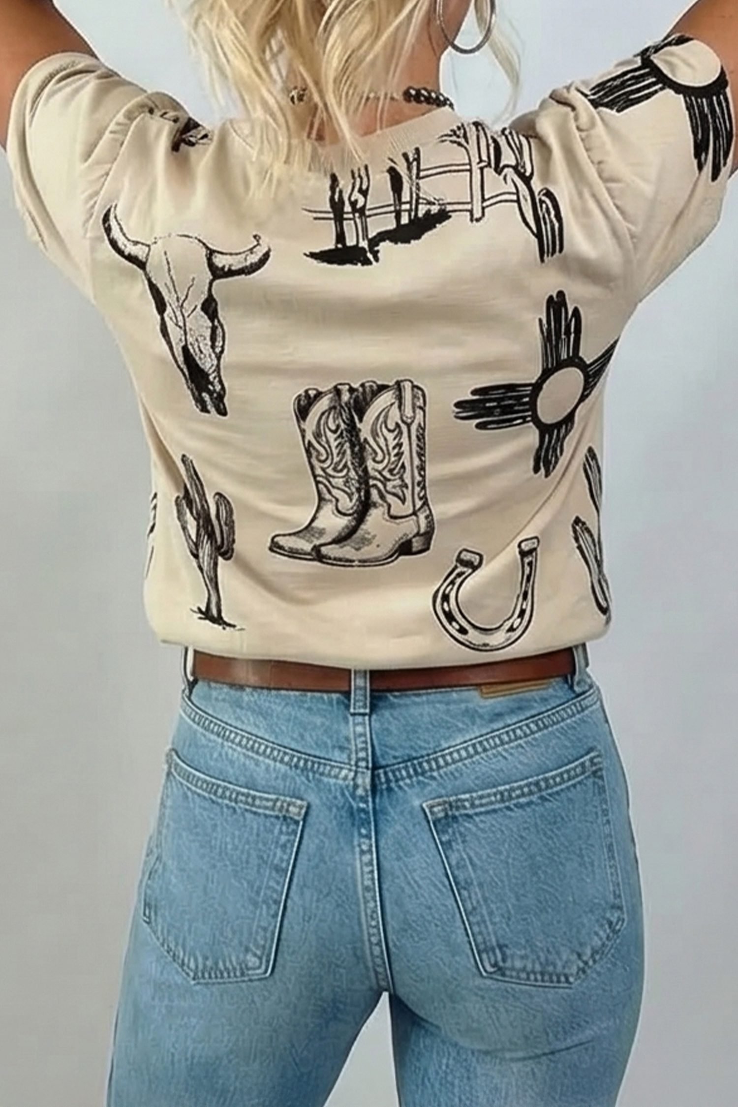 Beige Retro Western Print T Shirt
