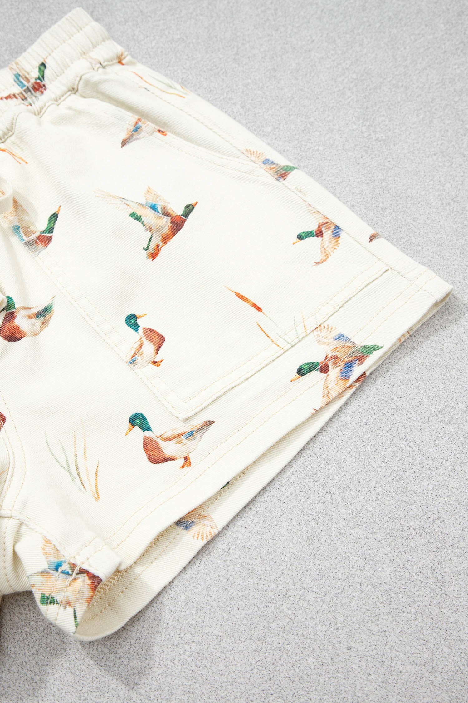 Beige Wild Duck Mallard Printed Drawstring Denim Shorts