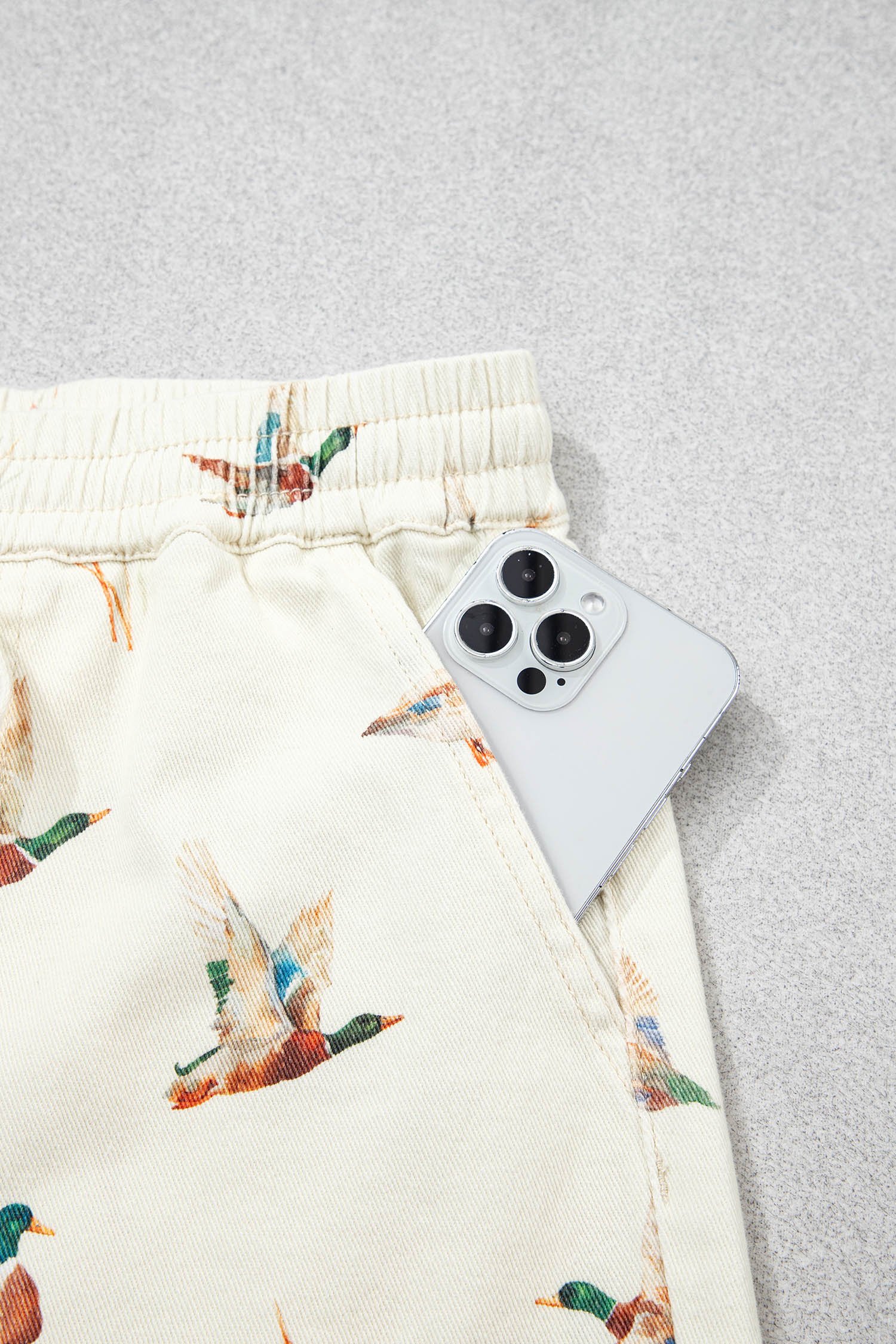 Beige Wild Duck Mallard Printed Drawstring Denim Shorts